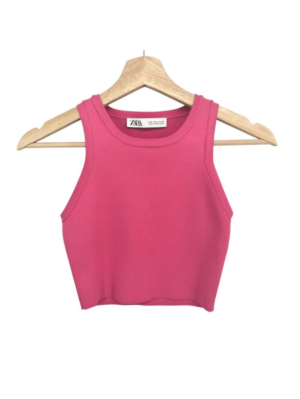Zara Hot Pink Knit Crop Tank Top Crew Neck Stretch Sleeveless Minimalist Size S